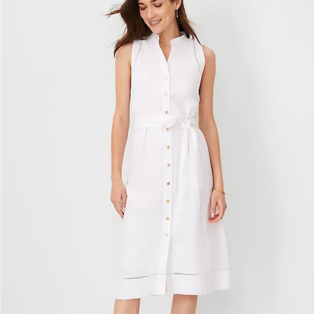 Ann Taylor Linen Blend Split Neck Sleeveless Shirtdress